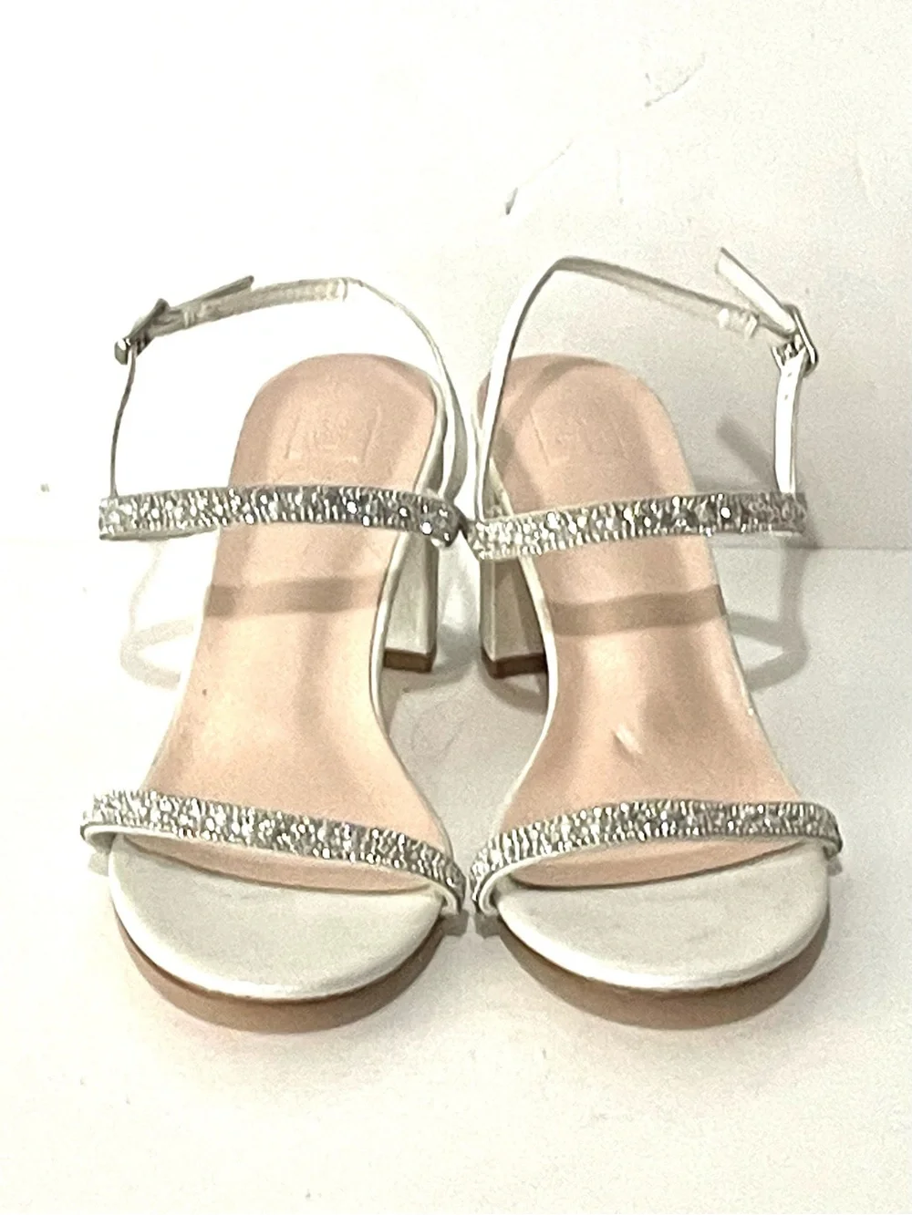 David's Bridal Two Strap Pearl and Crystal Block Heel Sandals 7.5